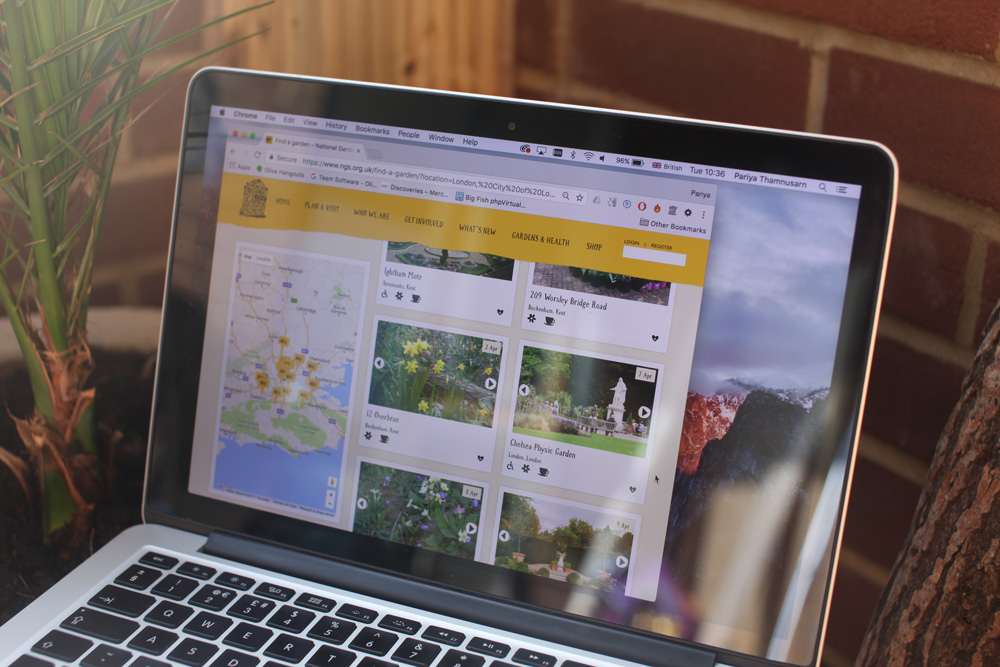 Thumbnail showing National Garden Scheme website. It has a yellow and black colour scheme.